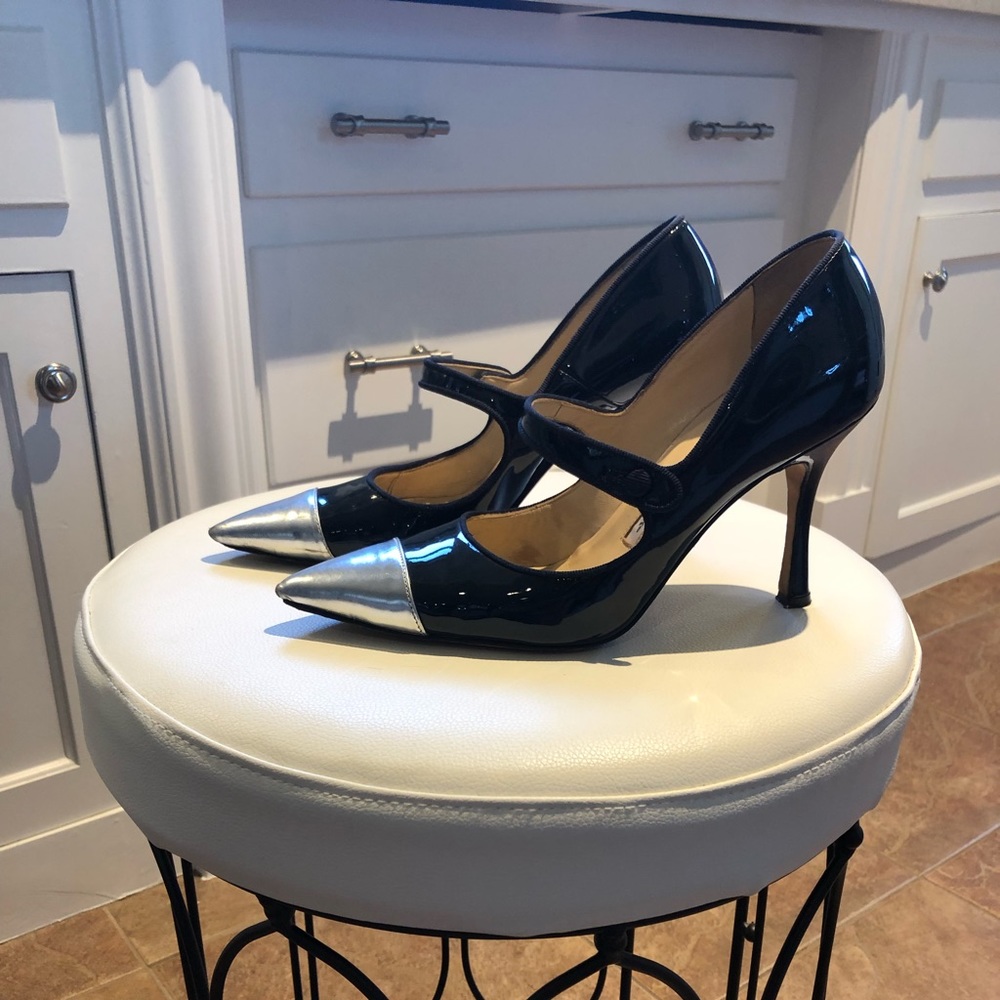 Manolo Blahnik Navy and Silver Mary Janes, size 38